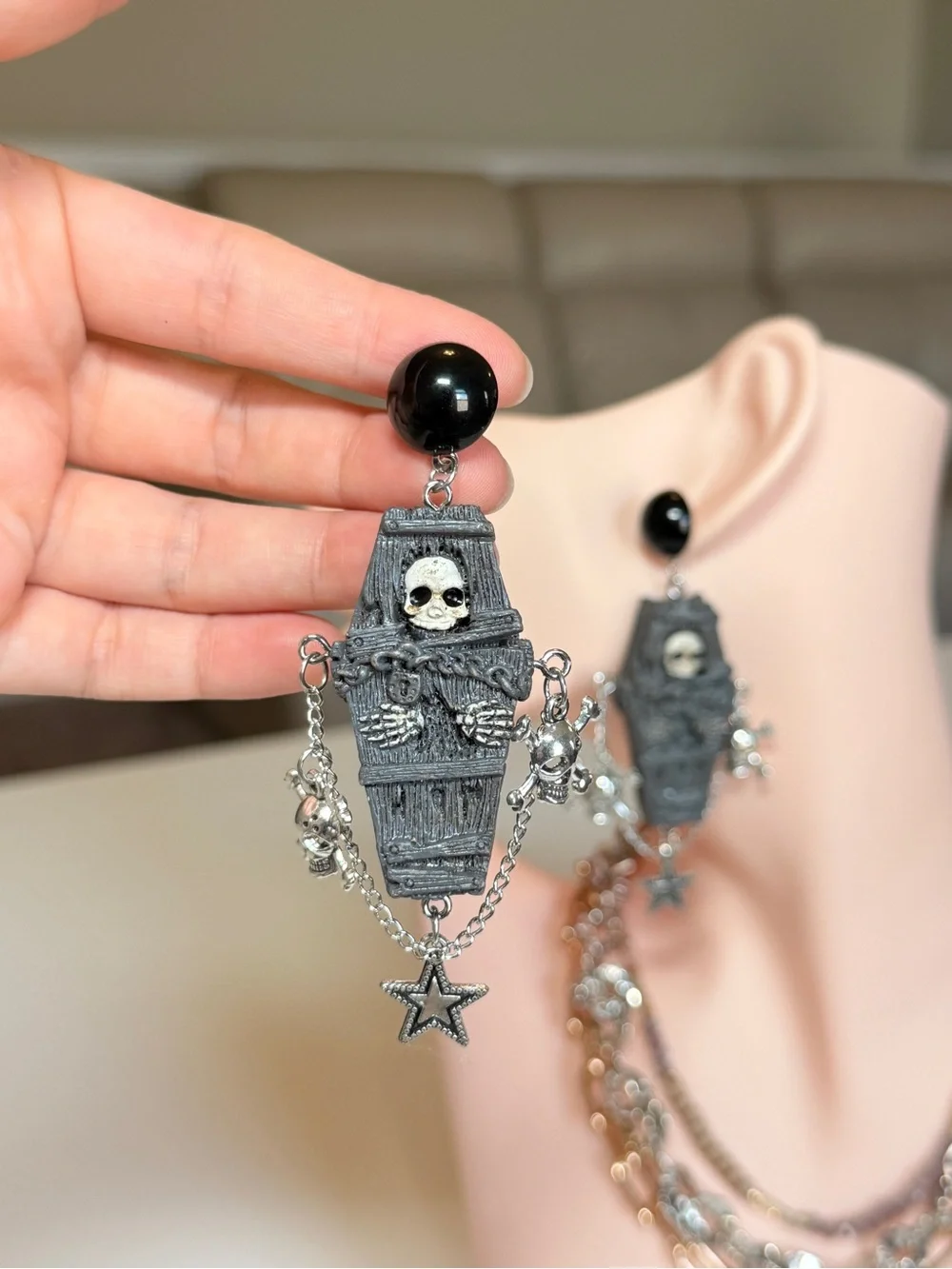 Black Gothic Coffin & Skull Drop Earrings